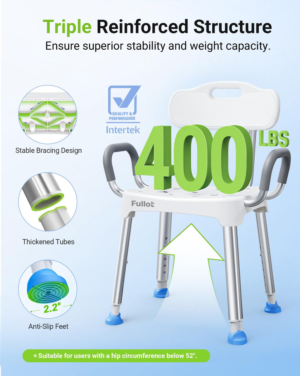 Widened Shower Chair for Inside Shower with Back & Arms,400 lbs Heavy Duty & Adjustable Shower Chair for Elderly and Disabled, Non-Slip Shower Seat, Tub Bath Chair, Tool-Free