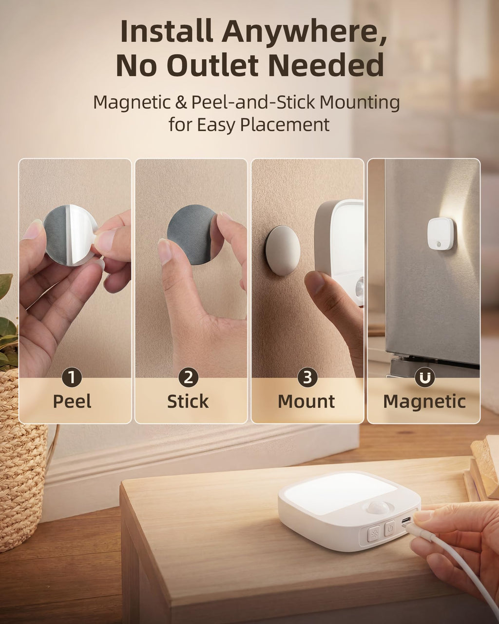 EZVALO Rechargeable Motion Sensor Night Lights, 2 Pack Magnetic Stick-On LED Lights with 3 Color Temperatures, Dimming Memory 1000mAh Battery Light for Closet, Bedroom, Hallway, Stairs, Bathroom