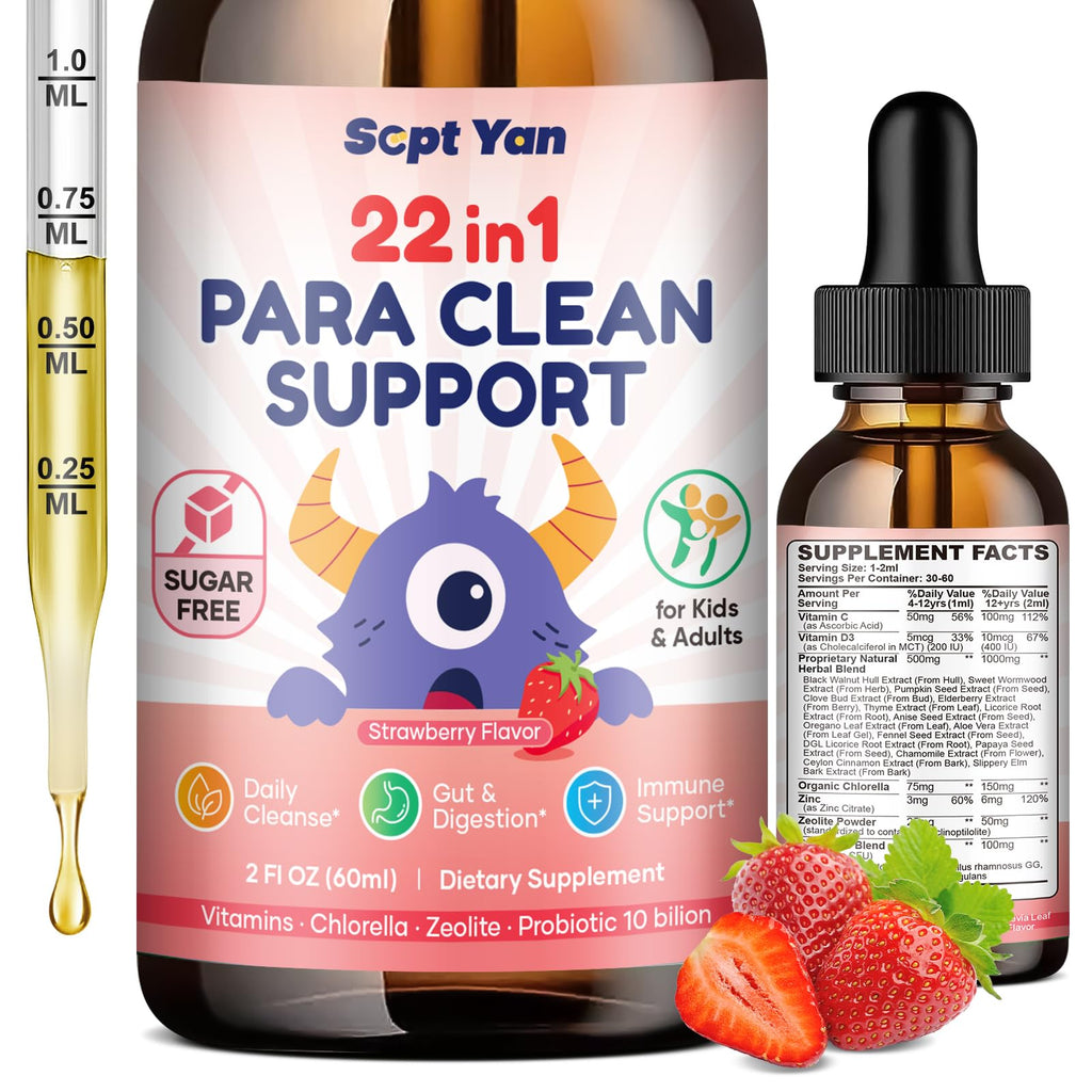 SEPT YAN 22 in 1 Parasite Cleanse for Humans & Kids, Herbal Gut Cleanse Liquid Drops with Wormwood, Black Walnut, Clove, Chlorella, Oregano, Digestive Health Support - Strawberry Flavor, 2 Fl Oz