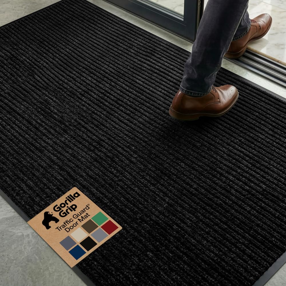 GORILLA GRIP Waterproof Traffic Guard Door Mat, 72x48 Heavy Duty Entryway Floor Mats, Strong Backing Commercial Utility Rugs, Office Hallway, Garage, Home, Low Profile Carpet Runner, Black