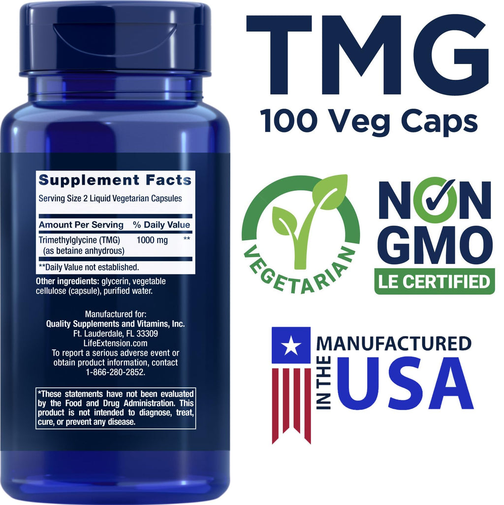 Life Extension TMG 500mg, 100 Liquid Veg Caps (Pack of 2) - Trimethylglycine (Glycine Betaine) Supplement - Gluten Free, Non-GMO, Vegetarian