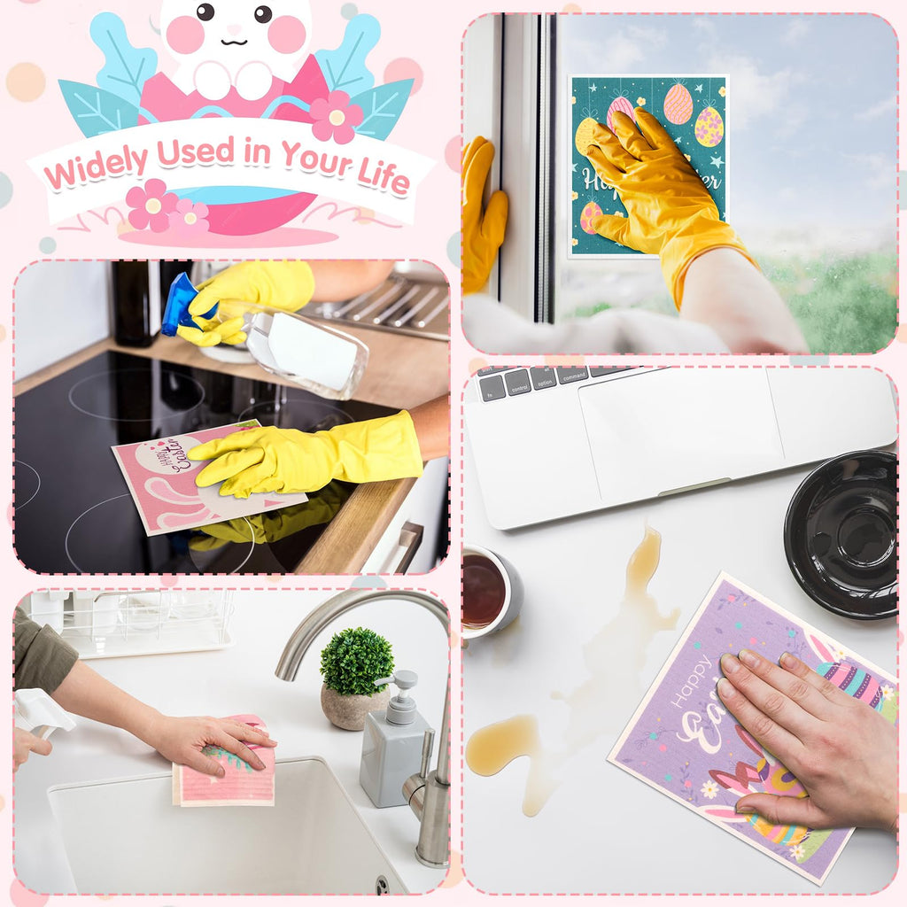 Easter Swedish Dishcloth Set of 10, Super Absorbent Swedish Kitchen Dish Cloths Reusable Paper Towels Cleaning Rags for Dishes Quick Drying, Easter Cute Bunny Rabbit Egg Prints Decorative Wipes