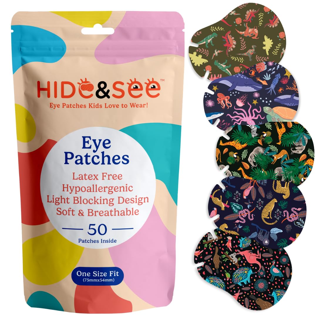 HIDE&SEE Speckles Kids Eye Patches (Wild Pack) Fun & Comfortable Hypoallergenic Patches for Amblyopia Treatment for Boys & Girls Includes Reward Chart (50 Pack)