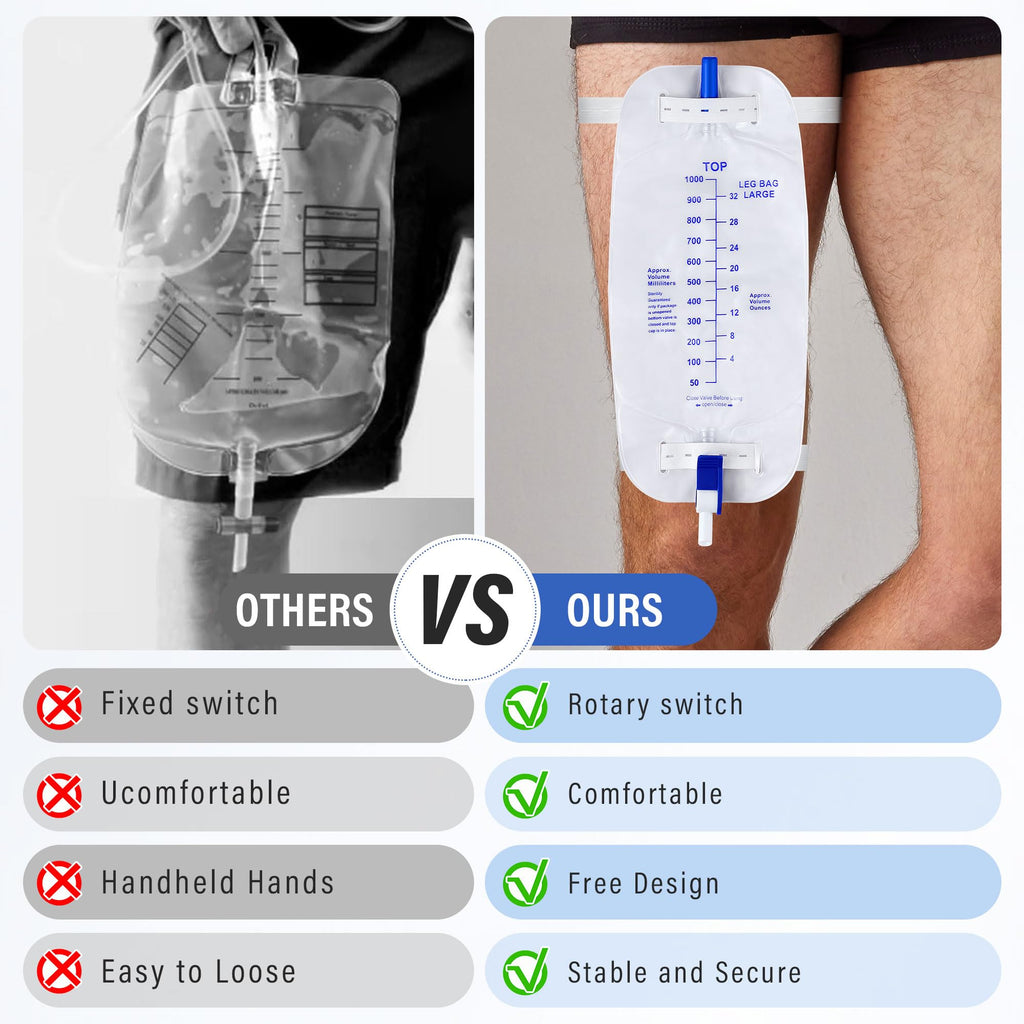 Geiserailie 5 Pack 1000ml Leg Bag Urinary Drainage Bag with Anti Reflux Valve, 33.8oz Large Capacity Urine Leg Catheter with Cloth Straps, Easy Flip Drain, Urinary Catheter for Men, Women