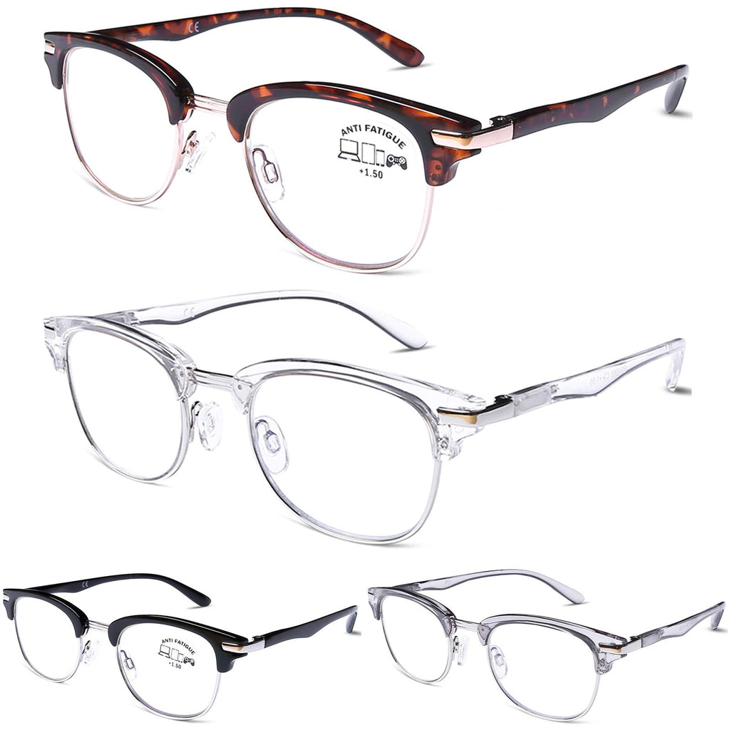 DOOViC 4 Pack Blue Light Blocking Reading Glasses Anti Eyestrain Fashion Classic Style Spring Hinge Computer Readers for Women Men 2.00 Strength