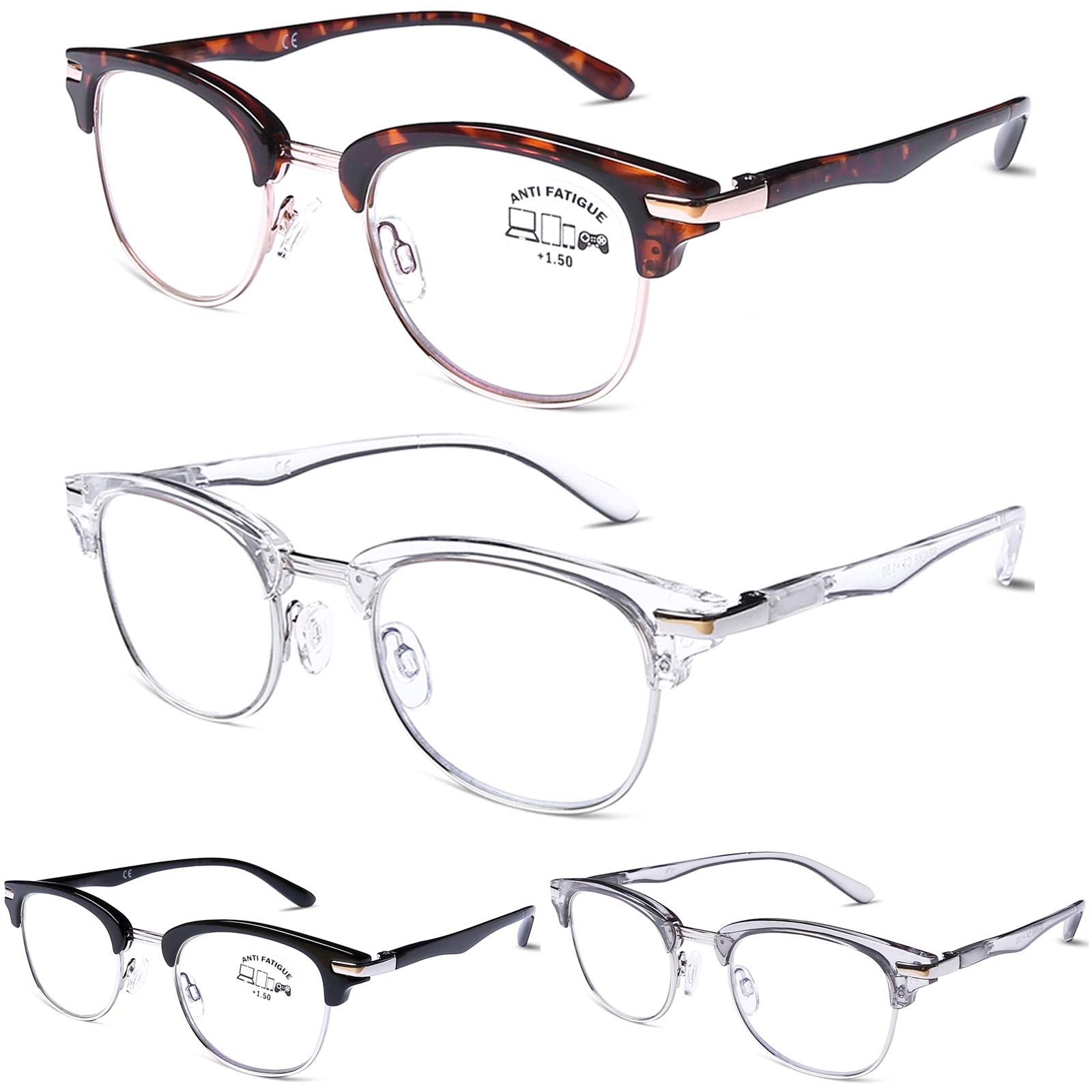 DOOViC 4 Pack Blue Light Blocking Reading Glasses Anti Eyestrain Fashion Classic Style Spring Hinge Computer Readers for Women Men 2.00 Strength