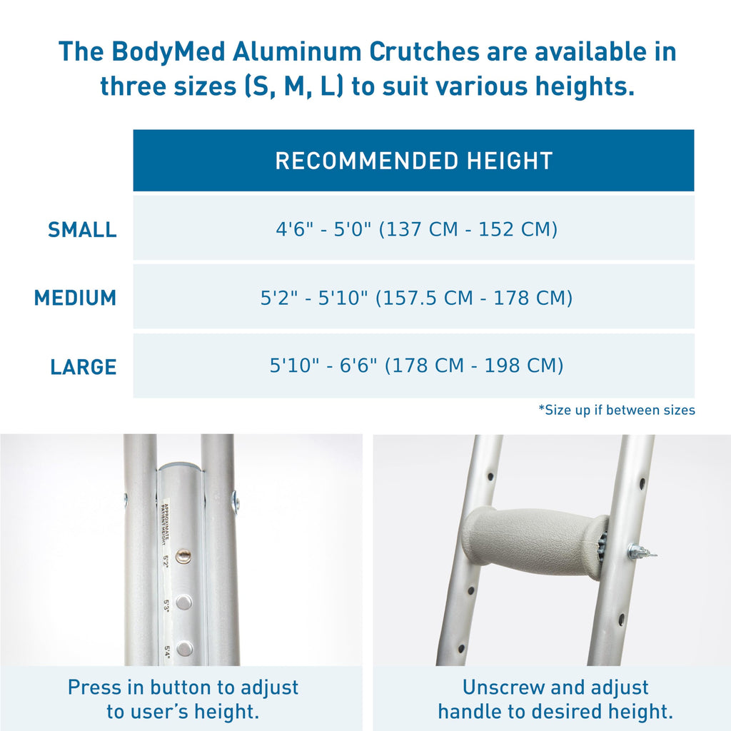 BodyMed Aluminum Crutches, Tall (Pair) - Adjustable Height (5'10" - 6'6"), Lightweight Design, Padded Underarm Cushions & Hand Grips, Non-Slip Rubber Tips - Supports Up to 300 Pounds