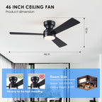 Asyko Ceiling Fans with Lights,46" Low Profile Ceiling Fan with Light and Remote Control,Flush Mount, Reversible, Dimmable, Noiseless, Black Ceiling Fan for Bedroom