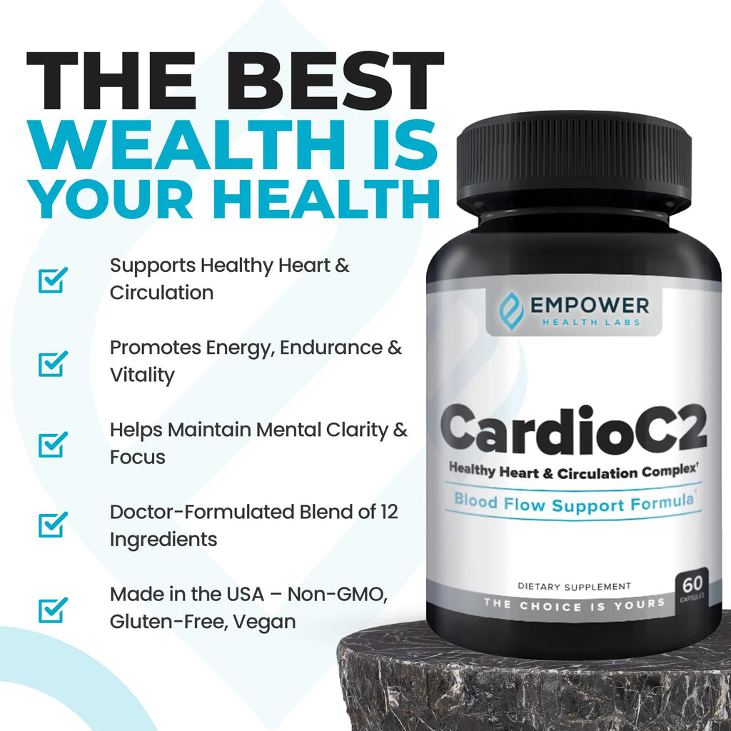 Empower Health Labs CardioC2 Circulation & Energy Support – Doctor-Formulated Blend with Beet Root, Black Garlic, Hawthorn & CoQ10 – Supports Healthy Blood Flow, Energy & Clarity – 60 Capsules