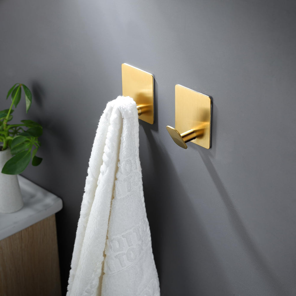 DELITON 8 Pack Gold Wall Hooks - Adhesive Towel Hooks for Bathrooms Kitchen Livingroom Garage, Heavy Duty Hook for Walls, No Damage, Stainless Steel