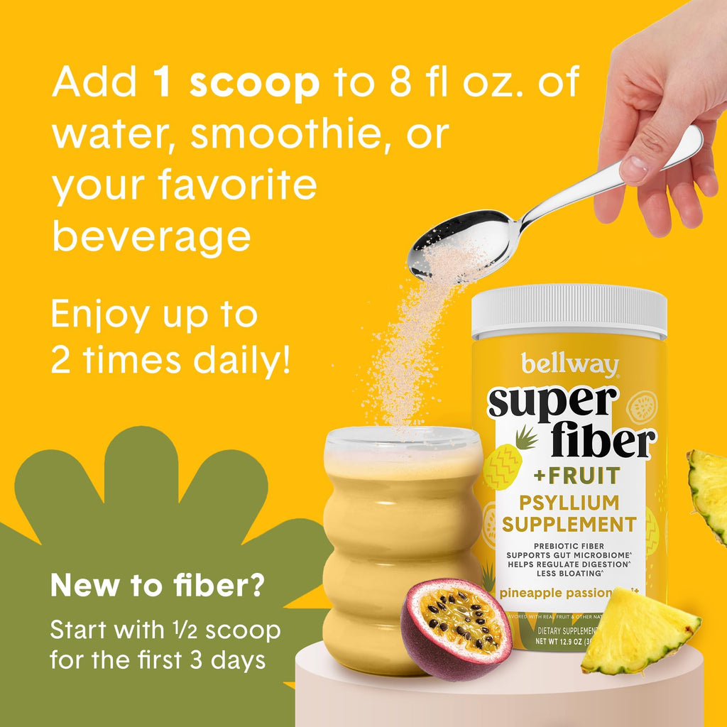 Bellway Super Fiber Powder + Fruit, Sugar Free Organic Psyllium Husk Powder Fiber Supplement for Regularity, Bloating Relief & Digestive Health, Plant-Based, Pineapple Passion Fruit (50 Servings)