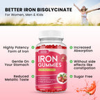 Iron Gummies with Multivitamin, Iron Supplement for Women & Men with Zinc, Vitamin B Complex & C, B12, Folate - Blood Builder & Energy Support for Adults & Kids - Strawberry Flavor, Vegan 60 Gummies
