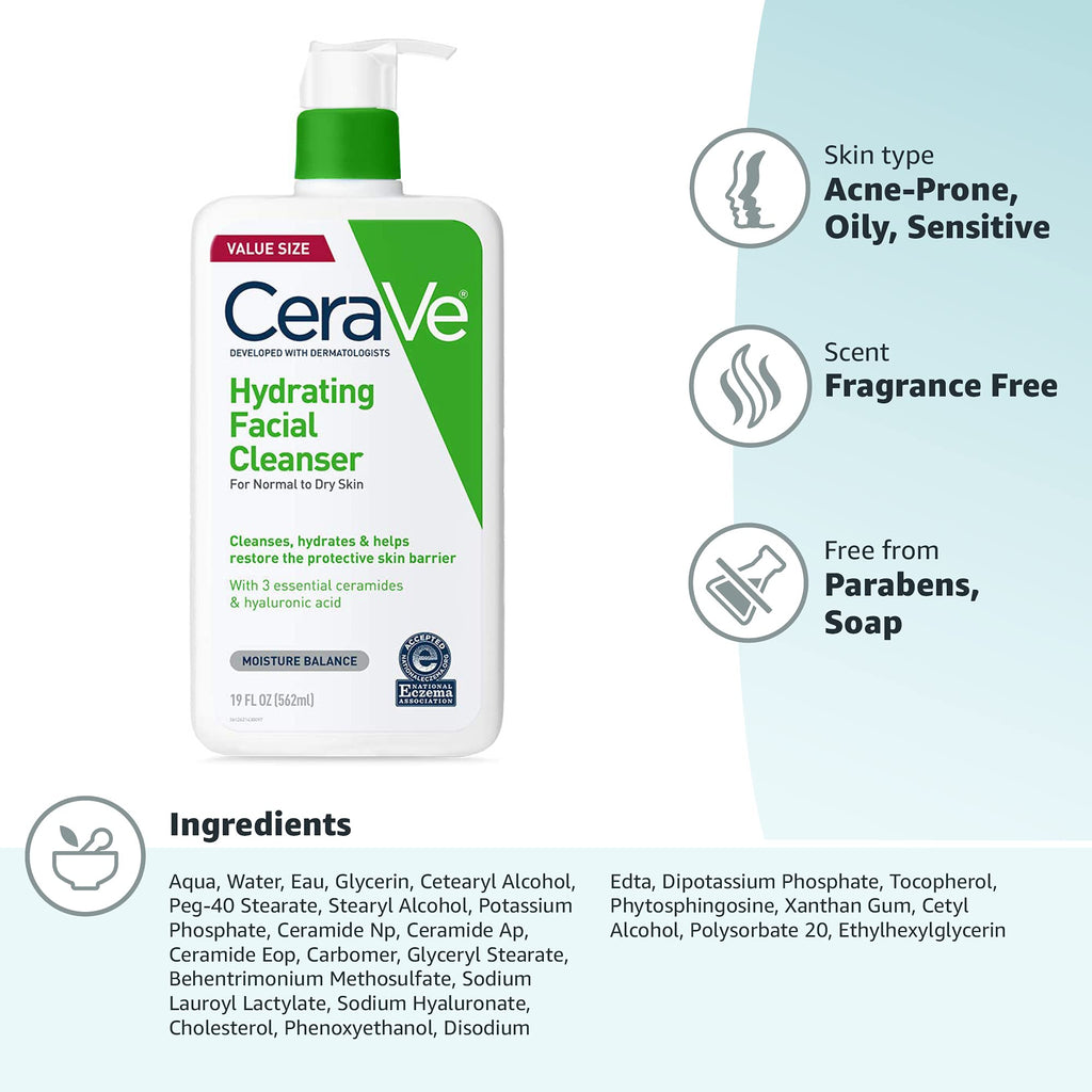 CeraVe Hydrating Cleanser with Hyaluronic Acid, Gentle Face Cleanser,19oz