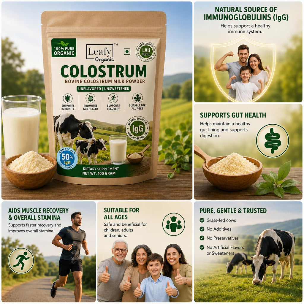 Leafy Organic Colostrum Powder Supplement for Gut Health, Immune Support, & Overall Wellness, 50% IgG, 6-Hour Colostrum Supplement, 100% Pure, Unflavored (100Gram) 3.5oz