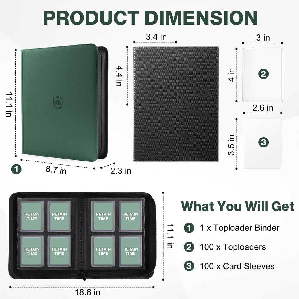 Toploader Binder, Holds 160 Toploaders, 100 Toploaders Included, 4-Pocket PU Cover Top Loader Binder for 3" x 4" Rigid Toploaders, Ringless Double-Sided Toploader Card Binder for TCG, Sport Cards