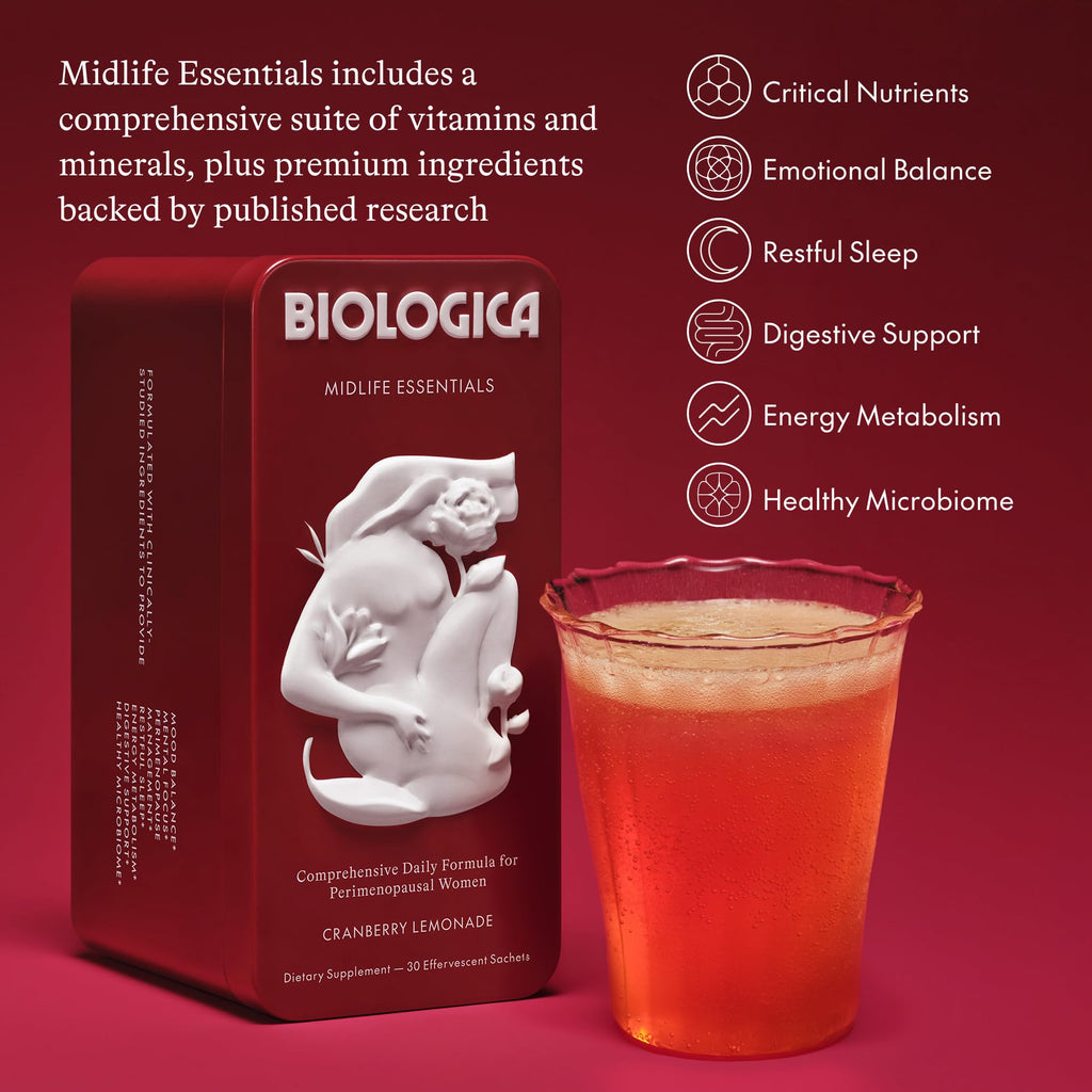 Biologica Midlife Essentials Powder – Women’s Multivitamin for Ages 40‑55, Perimenopause Support, Calm Mood, Sleep & Focus, Probiotics + Electrolytes Drink Mix, Cranberry Lemonade (30 Servings)