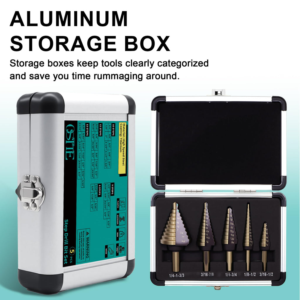 OSTTE Step Drill Bit Set 5PCS, 50 Sizes HSS Titanium Coated Step Bits for Metal Stainless Steel Aluminum Iron Wood Plastic, with Aluminum Case