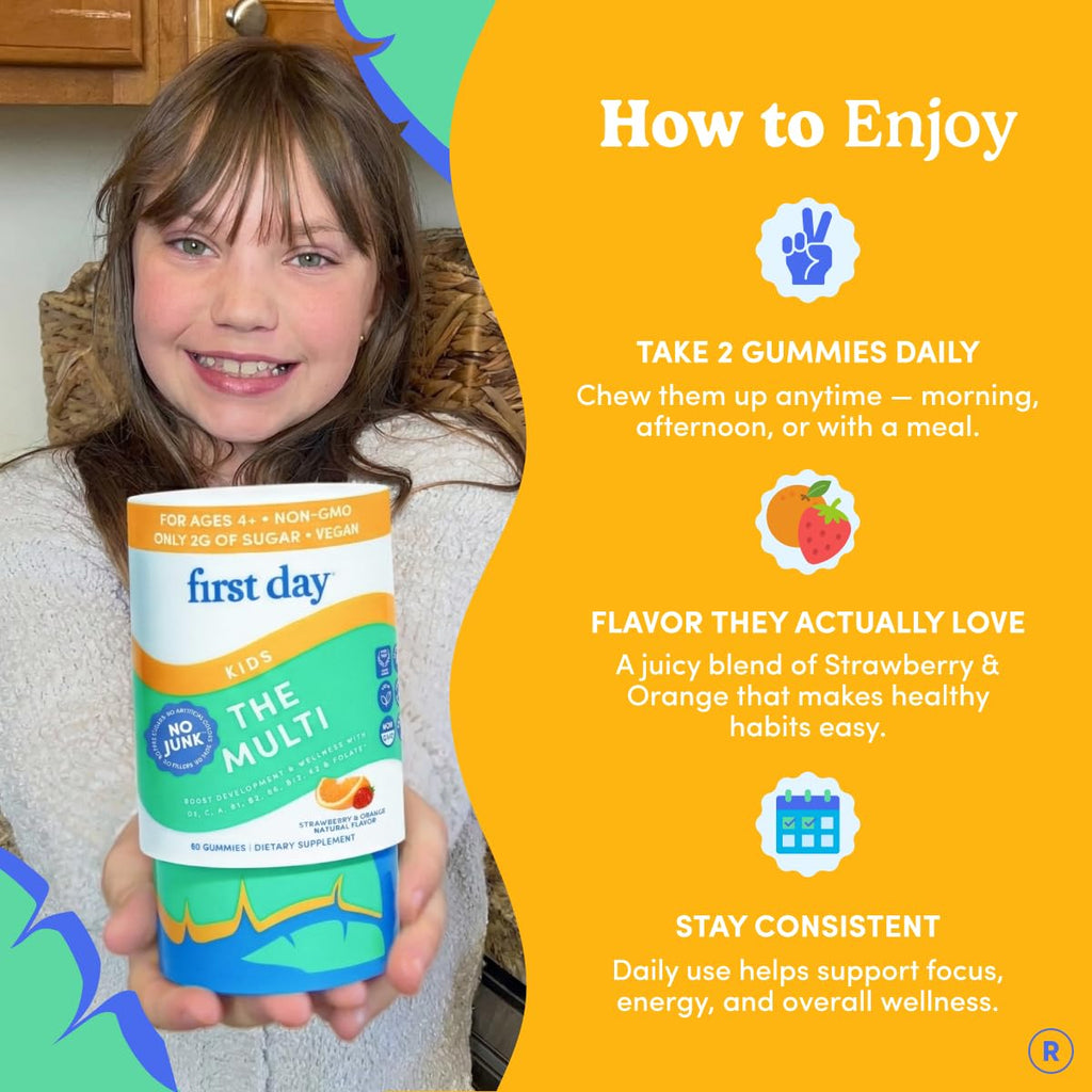 First Day Kids Multivitamin Gummies Age 4+, Strawberry & Orange - Kids Vitamins Multivitamin Gummy A C D3 K2 B1 B2 B6 B12 Folate, Immunity & Brain Function, Vegan - 30 Day Supply, Packaging May Vary