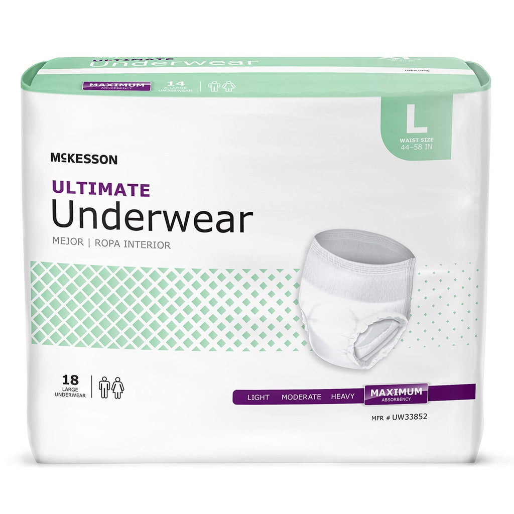 McKesson Ultimate Adult Incontinence Underwear, [72 Count], Large, 44-58 in. Maximum Absorbency, Unisex Bladder Leak Protection, Pull-On Style with Tear-Away Sides, Postpartum and Incontinence