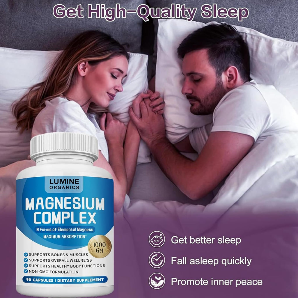 1PCSLumine Organics Magnesium Complex Supplement 1000mg - Advanced 8-in-1 Magnesium Blend - Glycinate, Citrate, Malate, Taurate etc.– High Absorption Formula – Non-GMO, 90 Capsules (1B)