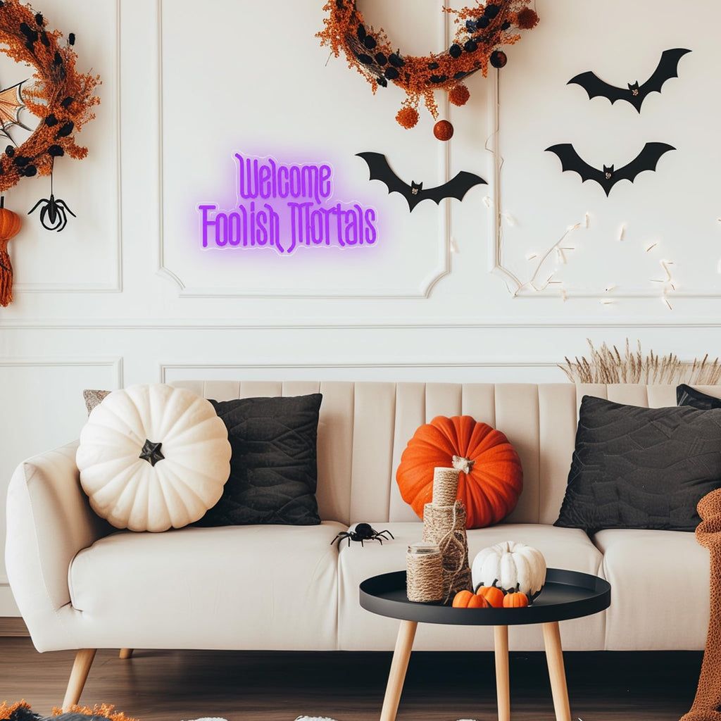 Welcome Foolish Mortals Neon Sign, Halloween Neon Light Spooky Gothic Haunted Mansion LED Coffin Decor USB Powered, for Horror Movie Party Haunted House Man Cave Home Room Themed Bars(16.1 * 9.4 In)