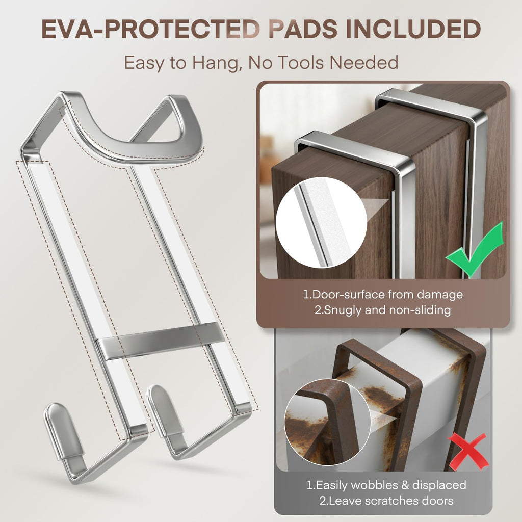 FYY 2 Packs Over The Door Hooks, Heavy Duty Door Hanger Hook, No Drill Wall Hooks for Hanging Coat, Towel, Bag in Bathroom, Closet Fits Most Doors Up to 1-7/8" Thickness （7.87",Silver）
