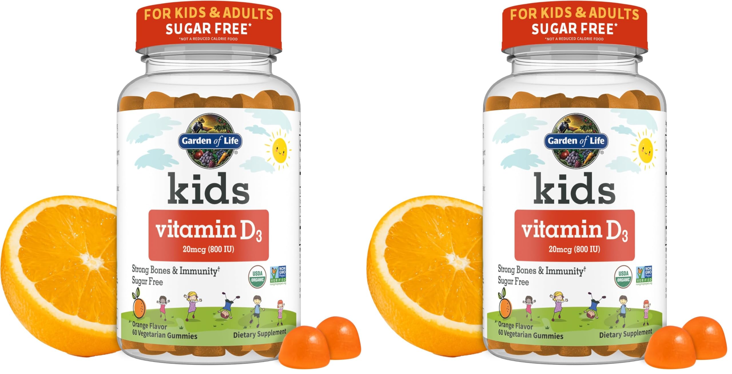 Garden of Life Kids Organic Vitamin D3 Gummies with 800 IU (100% Daily Value) for Strong Bones,Teeth,Brain & Immunity – Non-GMO,No Gluten,Vegetarian,Sugar Free,Orange Flavor,60 Count(Pack of 2)
