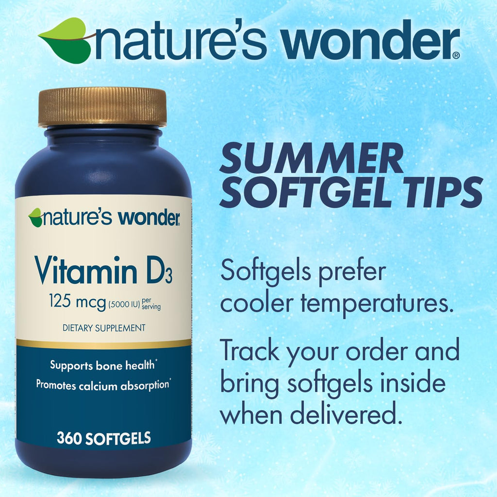 Nature's Wonder Vitamin D3 5000iu (125mcg) High Potency, Dietary Supplement to Support Bone Health and Immune System, Gluten Free, 360 Softgels, 1 Year Supply (Pack of 2)
