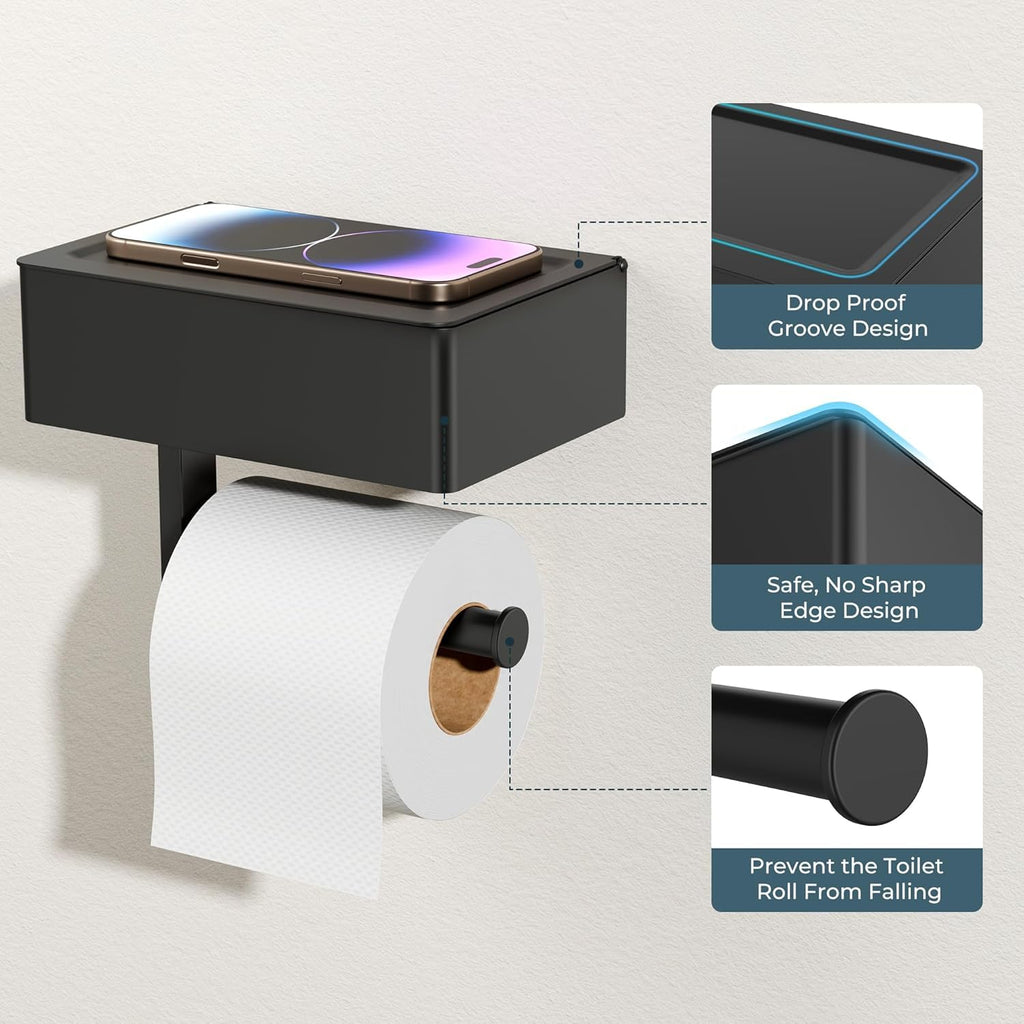FORIOUS Toilet Paper Holder with Shelf, Wall-Mounted Modern Wipes Dispenser