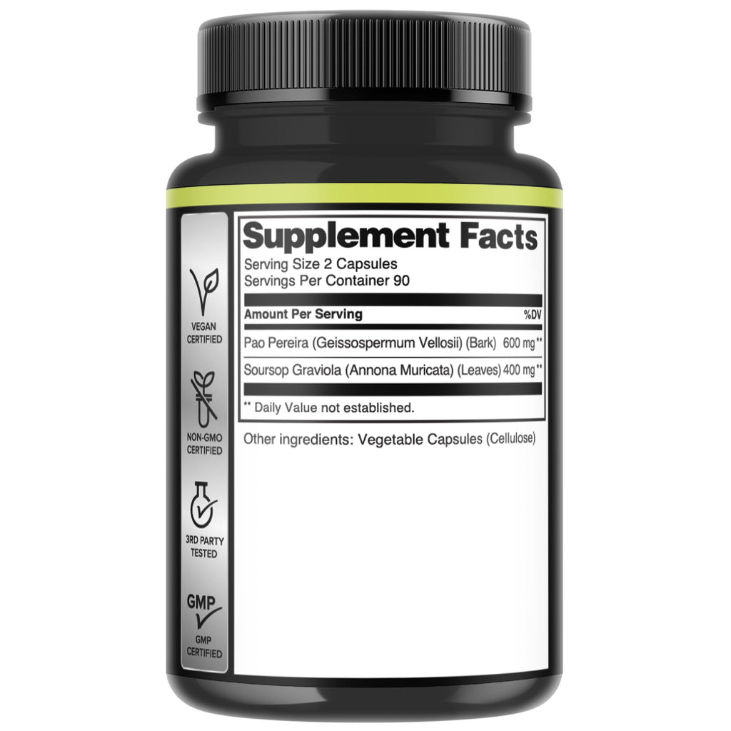 180 Capsules - 600mg Pao Pereira Herb Extract 10:1 with 400mg Graviola Soursop - Combined Formula for Immune System, Comfortable Mind, Body Management & Strength Support