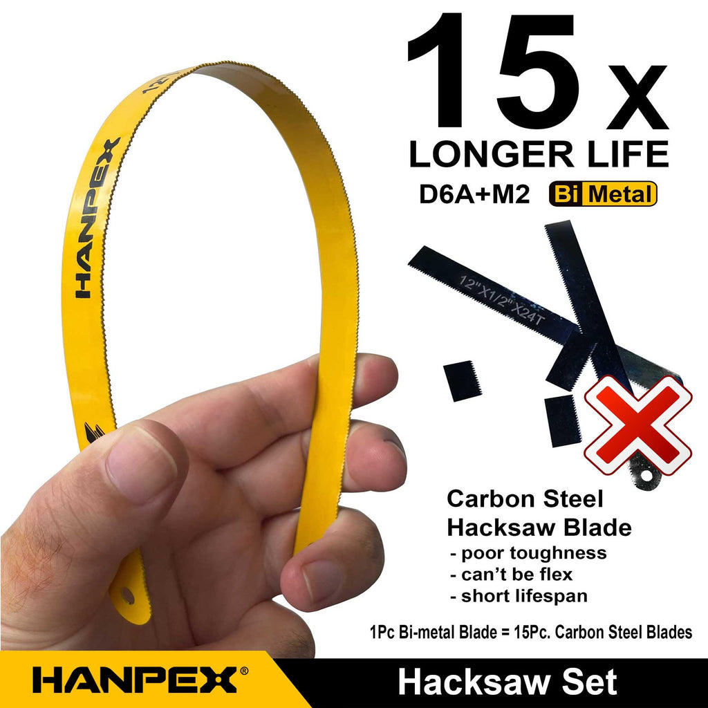 Hanpex 12in. High-Tension Hacksaw Frame with 5pcs Extra Bi-metal Blades, Hand Saw Suitable for Metal, wood, PVC, Carpentry