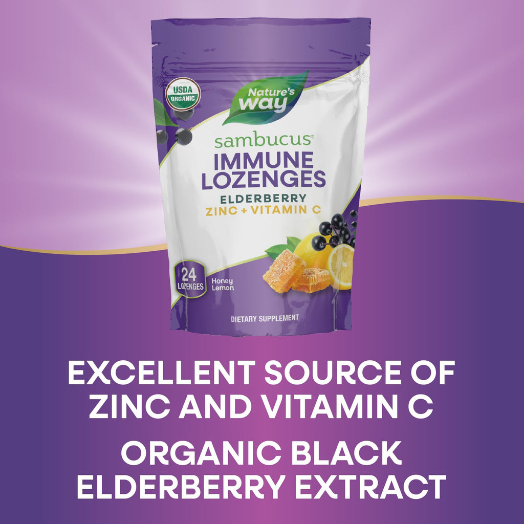 Nature's Way Sambucus Immune Lozenges, Zinc, Vitamin C, Elderberry, Immune Support*, USDA Organic, Honey Lemon Flavor, 24 Lozenges (Packaging May Vary) - 3 Pack