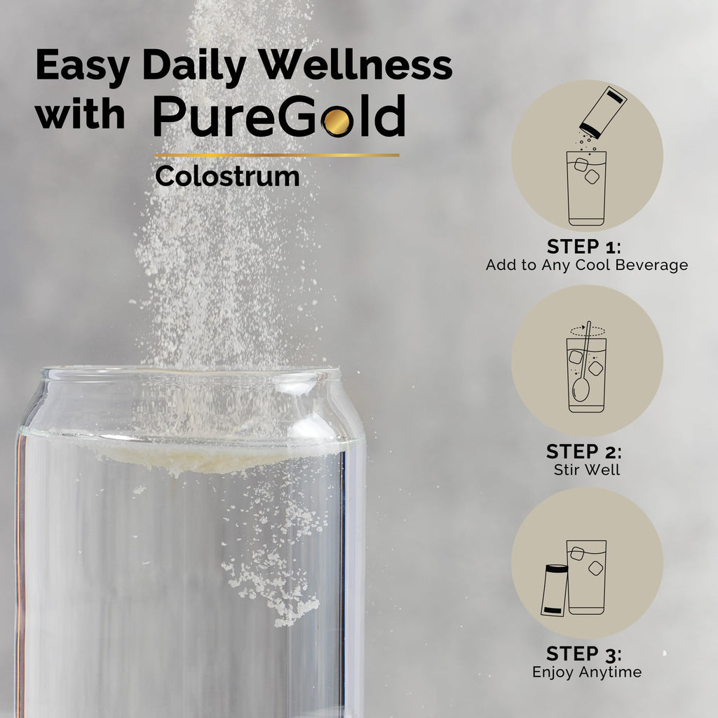 PureGold - Bovine Colostrum Powder - 100% Pure New Zealand Grass Fed, Supports Gut Health, Skin, Hair, & Immunity – Colostrum Supplement, Unflavored, 30 Travel Packets