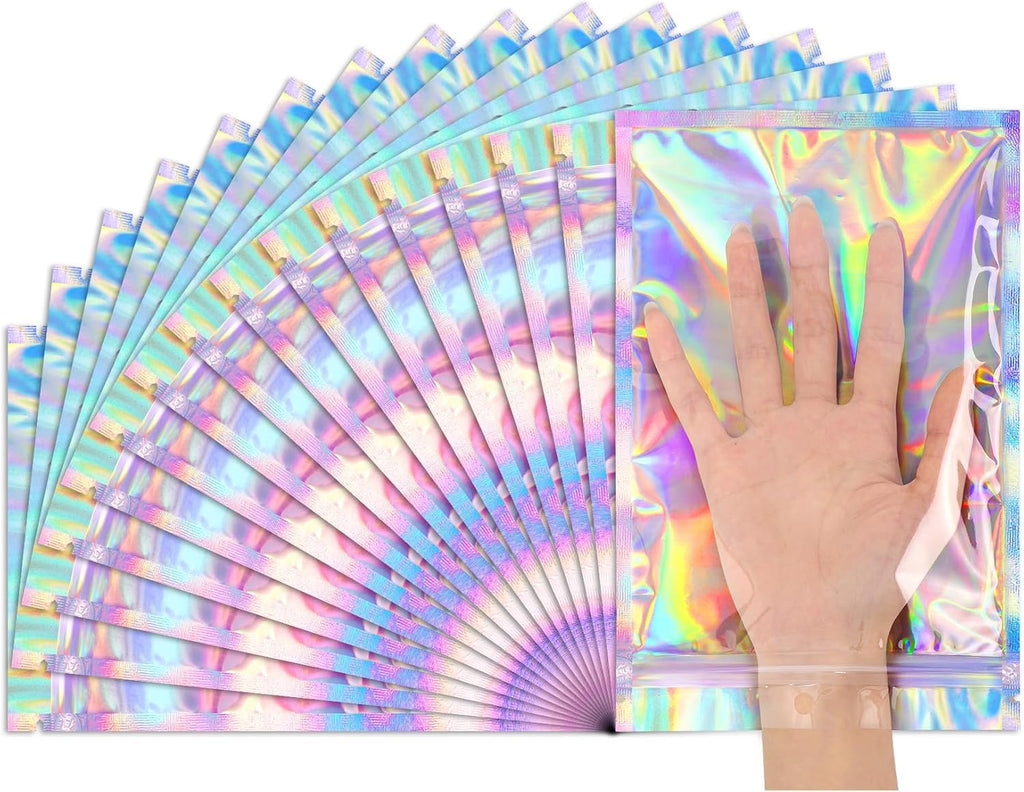 FUNFERY 6.3x9.4 SmellProof Holographic Resealable Bag,Clear Mylar Favor Bag