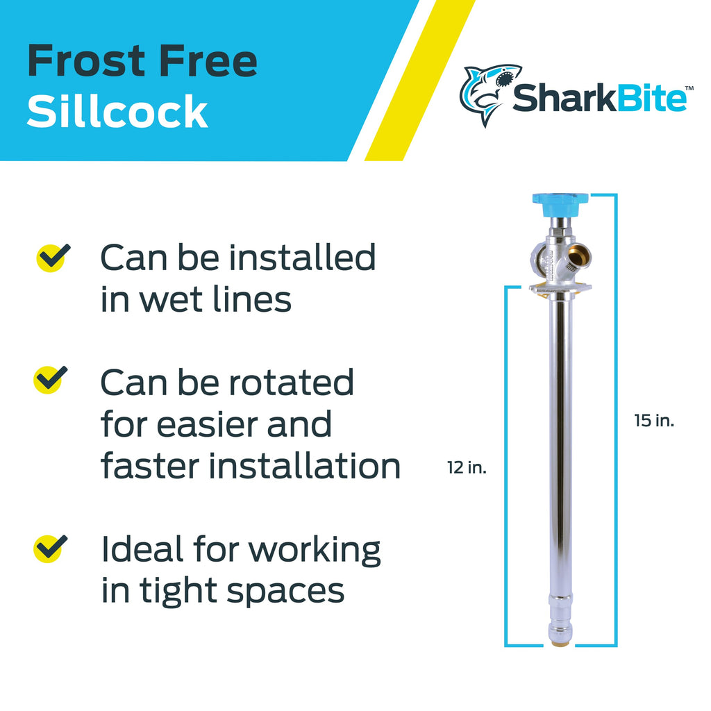 SharkBite 12 Inch Frost Free Sillcock, 1/2 x 3/4 Inch MHT, Push to Connect Brass Plumbing Fitting, PEX Pipe, Copper, CPVC, PE-RT, HDPE, 24636LF