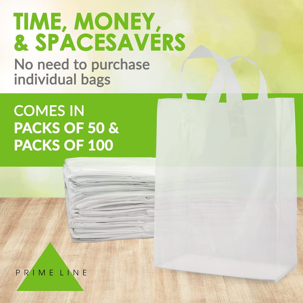 Prime Line Packaging Plastic Gift Bags, Frosted Gift Bags with Handles for Small Business, Shopping, Boutique Supply, Retail Store Use, Bulk, 10x5x13, 50 Pack