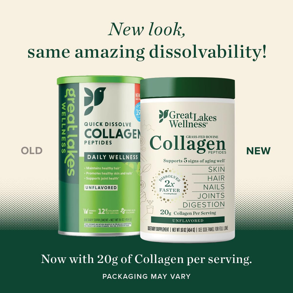 Great Lakes Wellness Collagen Peptides Powder for Skin, Hair, Nails, Joints & Digestion - Unflavored - Quick Dissolve Hydrolyzed, Non-GMO, Keto, Kosher - 16 oz - 2 Pack - Packaging May Vary