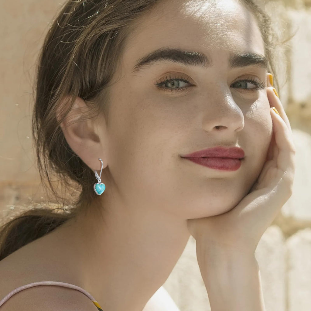 Phyonio Heart Natural Turquoise Earrings for Women - Top AAA Grade, Hypoallergenic 925 Sterling Silver Leverback Dangle Earrings, Trendy Jewelry Gifts