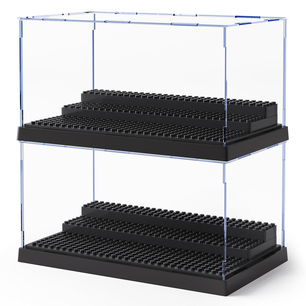2 Pack Minifigure Display Case for Action Figures Blocks, Clear Dustproof Acrylic Display Box Storage with 3 Movable Steps Gifts for Children,Black…
