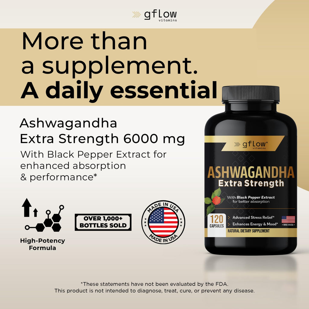 gflow vitamins Ashwagandha Supplements for Women and Men | Sleep, Mood and Energy Support | Extra Strength, Vegan Friendly, Non-GMO, Made in USA - Pack of 3