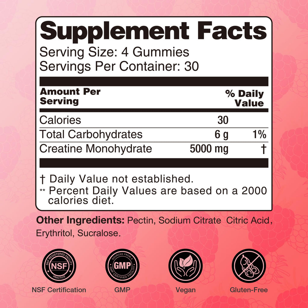 Asumtal Creatine for Women 5000 MG, Creatine Gummies, Creatine Monohydrate Supplement for Muscle Growth, Strength & Energy Support, Sugar Free Pre Workout Gummies 120 Count Raspberry Flavor