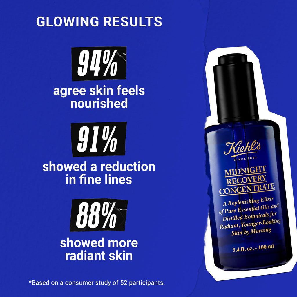Kiehl's Midnight Recovery Concentrate Moisturizing Face Oil, Lightweight Facial Serum, Restores Skin Radiance Overnight, Reduces Fine Lines, Refines Skin Texture, 99.4% Naturally Derived - 3.4 fl oz