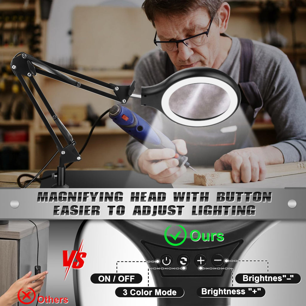 NZQXJXZ 10X 30X Large Magnifying Glass with Light and Stand, 5-inch LED Lighted Magnifier, 3 Color Modes Stepless Dimmable, Hands-Free Magnifying Glass Desk Lamp for Reading Craft Hobby Close Work