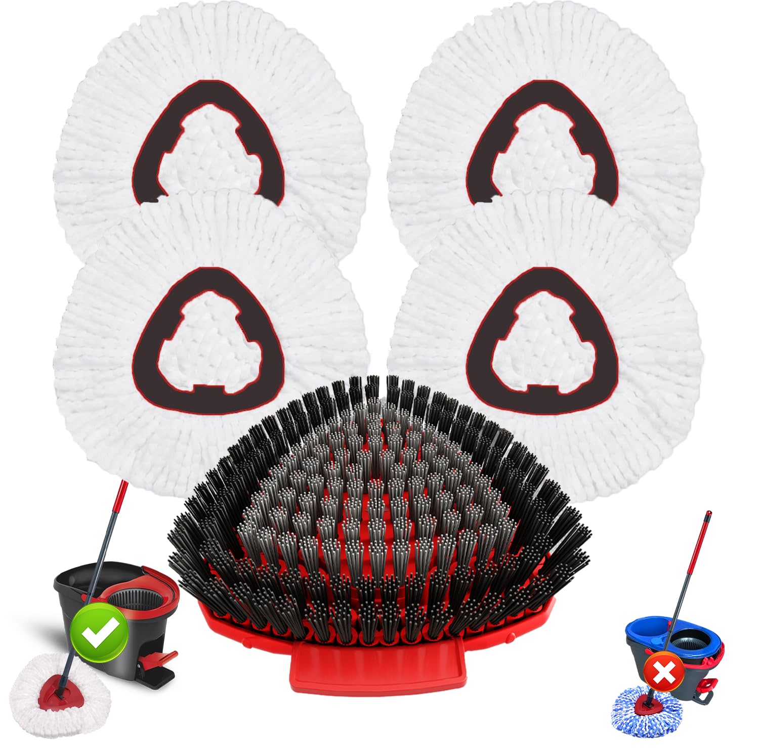 Fatmass 5 Pack Spin Mop Head Replacement for O Cedar EasyWring 1-Tank System,Include 4 Mop Replace Heads + 1 Upgrade Scrubber Brush, 100% Microfiber Mop Refills Deep Cleaning Machine Washable