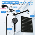 Shower Head, 8 inch Multifunction High Pressure Rain Shower Head with Handheld Spray Combo with 11'' Angle Adjustable Extension Arm/Flow Regulator/Shower System Matte Black