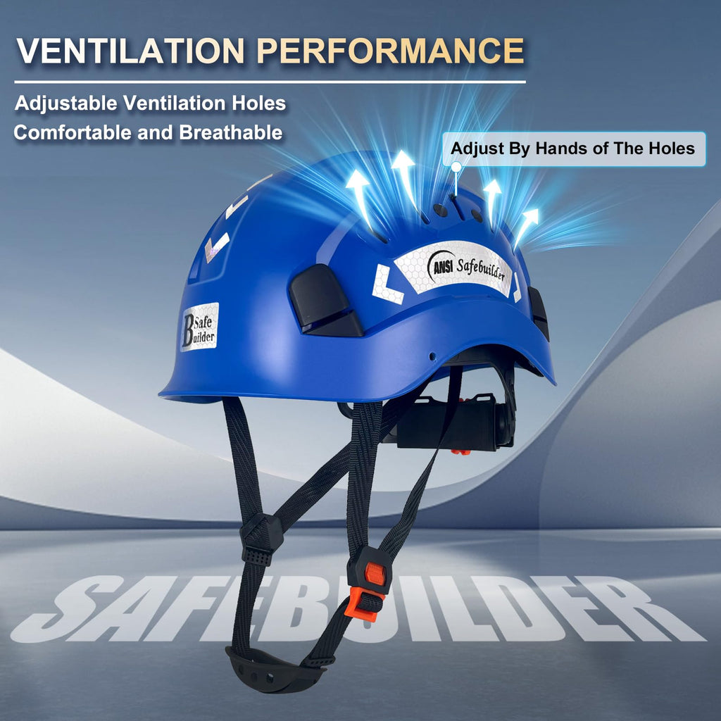 SAFEBUILDER ABS Work-at-Height and Rescue Hard Hat Slotted Ventilated Construction Safety Helmet w/Adjustable Ratchet 6-Point Suspension ANSI Z89.1-14 (Blue Safety Helmet)