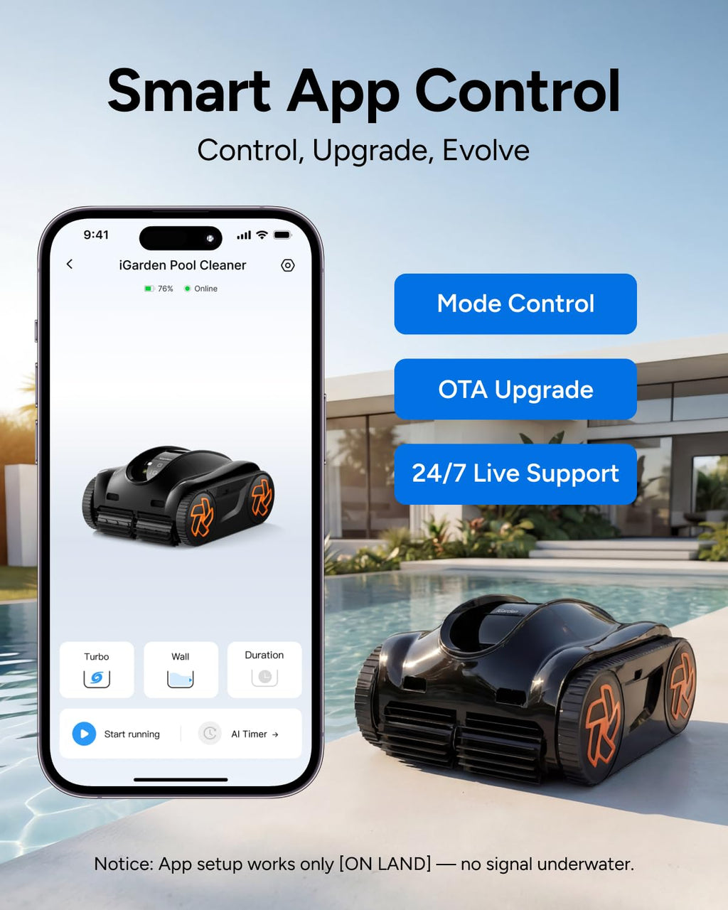 iGarden Pool Cleaner K Series, 6H Cordless Robotic Pool Vacuum for Inground & Above Ground Pools, AI Timer, Smart Navigation, Floor, Walls&Waterline Scrubber, Touchscreen, Auto-Parking