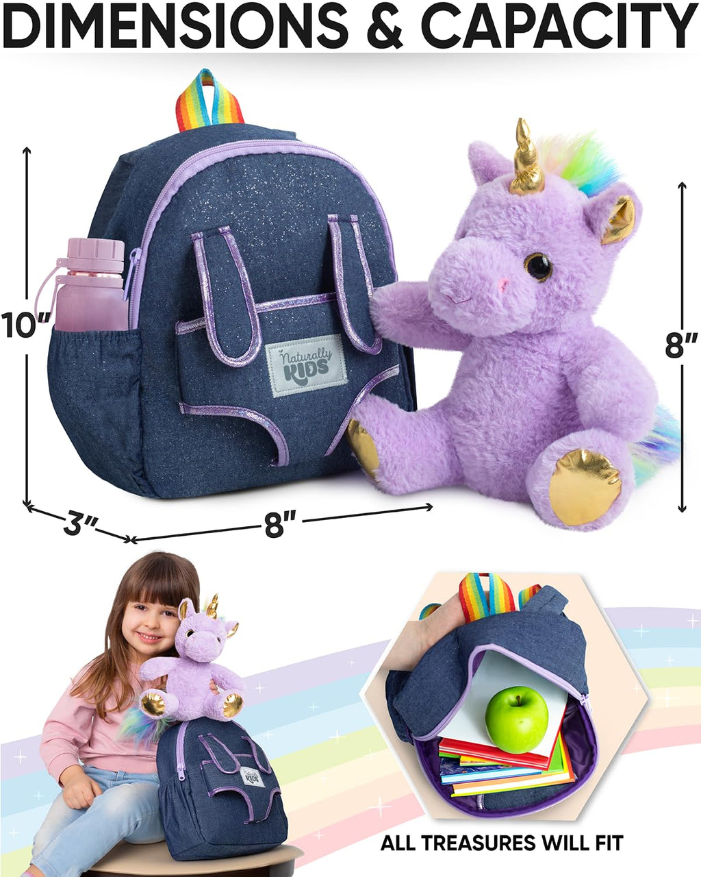 Naturally KIDS Toddler Backpack w. Plush Purple Unicorn Toy, Kids Gift 2-6