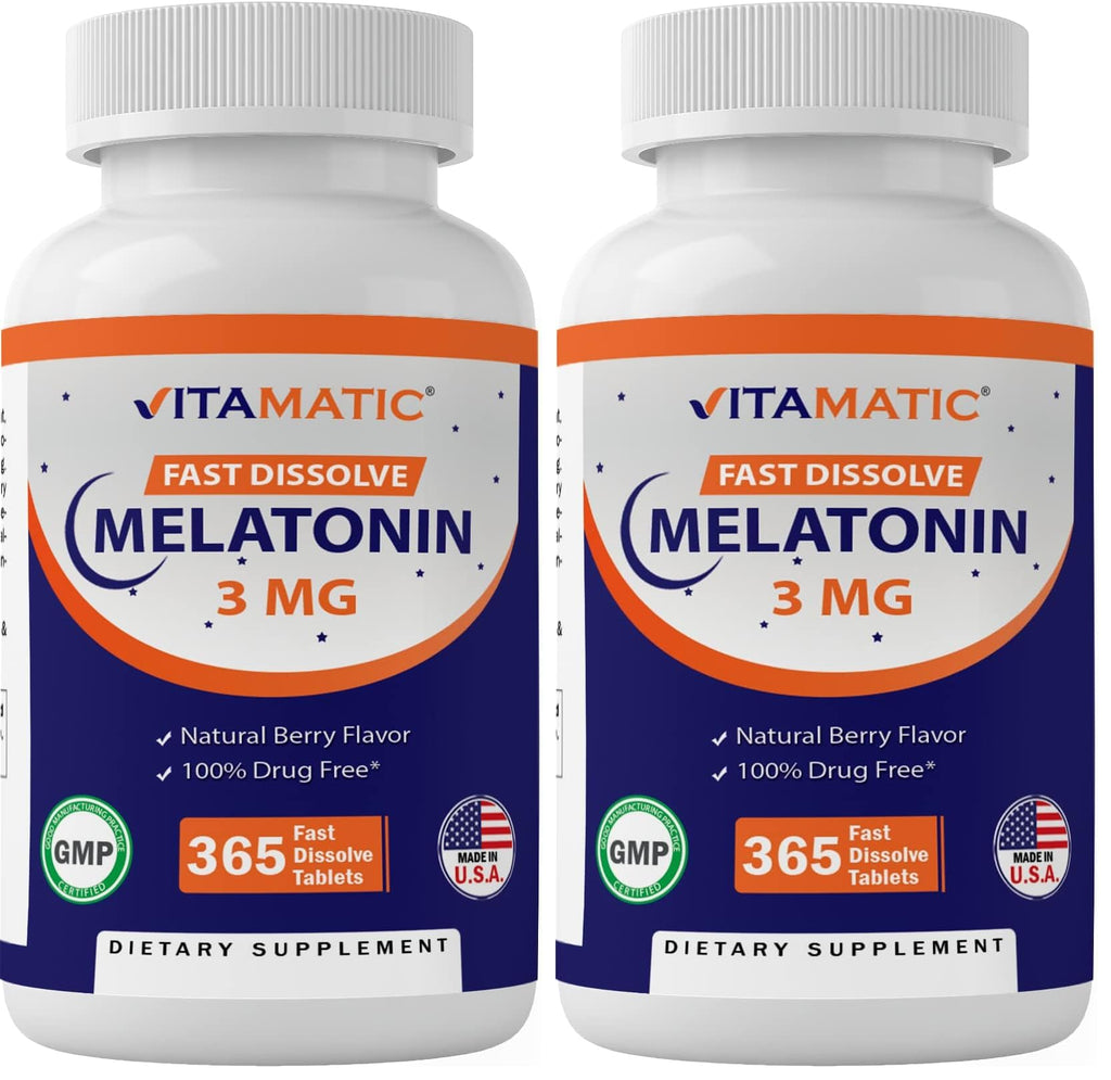 Vitamatic Melatonin 3mg Tablets | Vegetarian, Non-GMO, Gluten Free | 1 Year Supply | Natural Berry Flavor - 365 Tablets (Pack of 2)