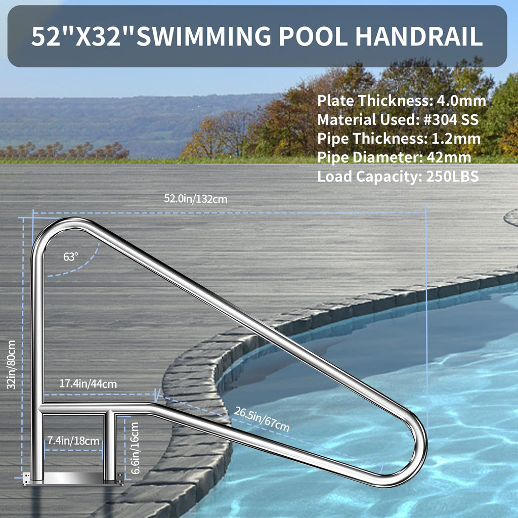 Rail Pool Pool Rail for inground Pools (54x32), 304SS Pool handrail with Nonslip ...